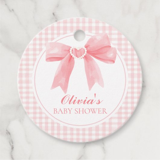 Rosa Bogen und Gingham-Babydusche Geschenkanhänger (Vorderseite)