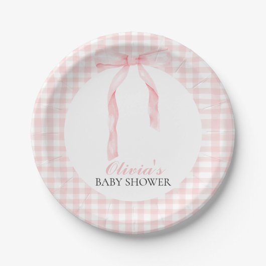 Rosa Bogen und Gingham-Babydusche Pappteller (Vorderseite)