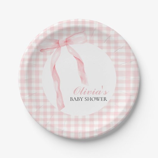 Rosa Bogen und Gingham-Babydusche Pappteller (Vorderseite)