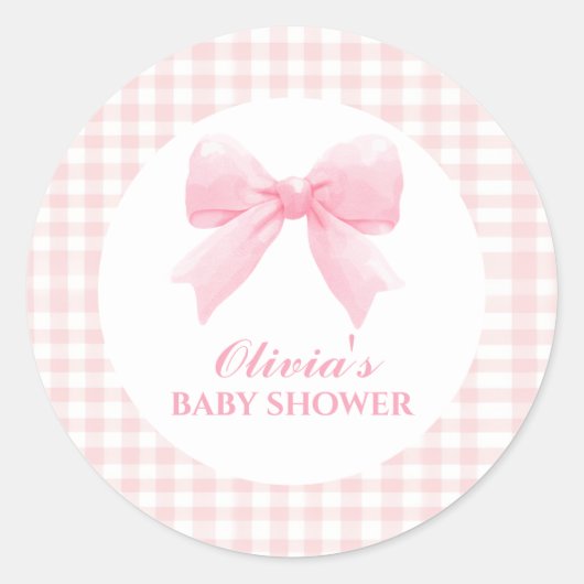 Rosa Bogen und Gingham-Babydusche Runder Aufkleber (Vorderseite)