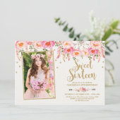 Rosa Bohemische Blume Sweet 16 Birthday Einladung (Stehend Vorderseite)