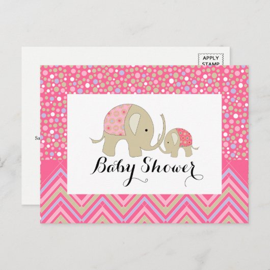 Rosa Bohemischer Elefant und Zickzack Babydusche Einladungspostkarte (Vorne/Hinten)