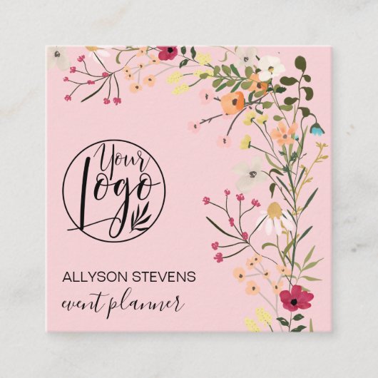 Rosa Boho Blumen-Event-Planer Logo Quadratische Visitenkarte (Vorderseite)