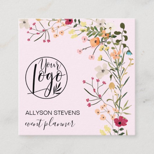Rosa Boho Blumen-Event-Planer Logo Quadratische Visitenkarte (Vorderseite)