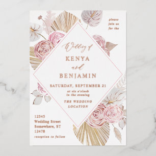 Rosa Boho-Blumen-Hochzeitseinladung Folie Folieneinladung