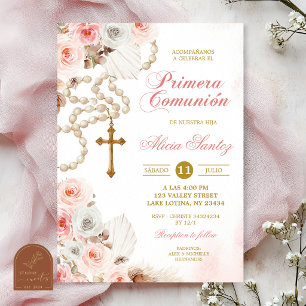 Rosa Boho-Blumen-Rosenkranz Erste Heilige Kommunio Einladung