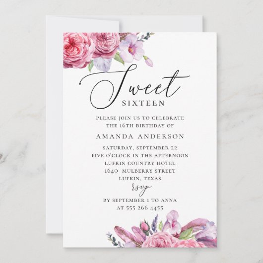 Rosa boho blumensüß 16. Garten 16. Geburtstag Einladung (Vorderseite)