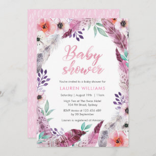 Rosa Boho Feder Babypartyeinladung Einladung