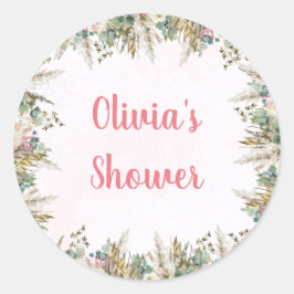 Rosa Boho Pampas- und Blumensets für Baby Shower P Runder Aufkleber