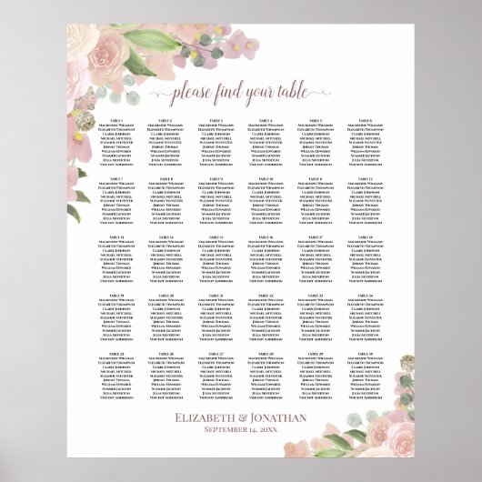 Rosa Boho Rose 30 Tabelle Hochzeitskarte Poster (Vorne)