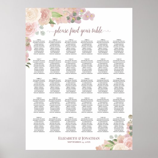 Rosa Boho Rose 30 Tabelle Hochzeitskarte Poster (Vorne)