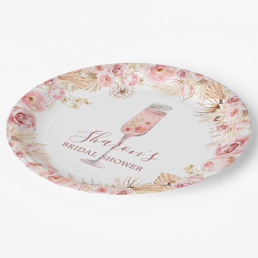 Rosa Boho Rose Soiree Brautparty Papierplatte Pappteller (Schrägansicht)