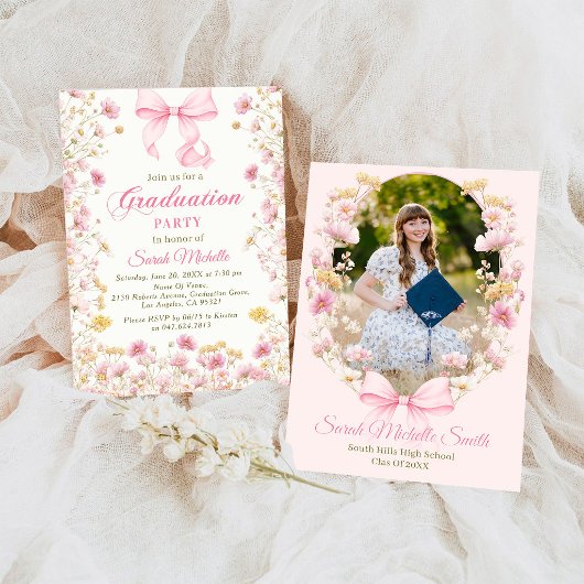 Rosa Boho Wildblumen Abschlussfeier Einladung