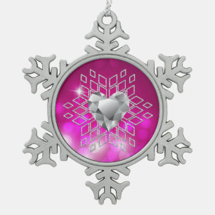 Rosa Bokeh-Diamant-Schneeflocke und Herz Schneeflocken Zinn-Ornament