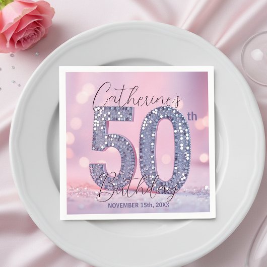 Rosa Bokeh Glam Silber Glitter 50. Geburtstag Serviette