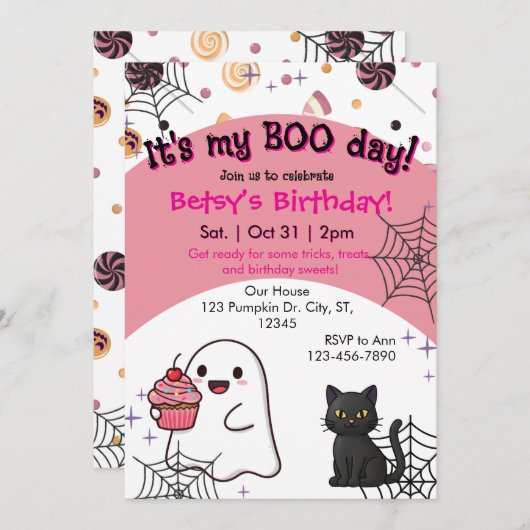 Rosa-Boo-Tag Geburtstag Einladung (Vorne/Hinten)