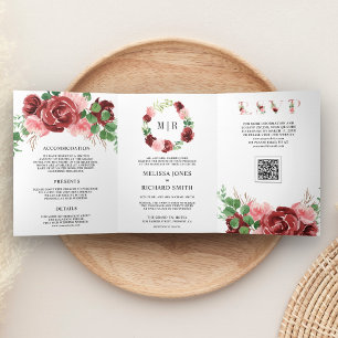 Rosa Bordeaux Blumen Hochzeit QR-Code Dreifach Gefaltete Einladung
