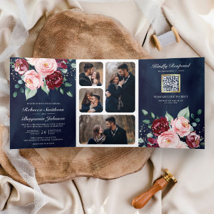 Rosa Bordeaux Blumen QR Code Navy Hochzeit Dreifach Gefaltete Einladung