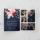 Rosa Bordeaux Blumen QR Code Navy Hochzeit Einladung (Innenseite)