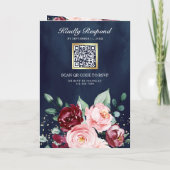 Rosa Bordeaux Blumen QR Code Navy Hochzeit Einladung (Rückseite)
