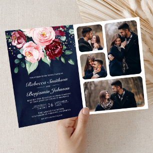 Rosa Bordeaux Blumen QR Code Navy Hochzeit Einladung