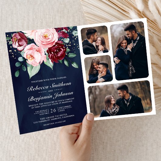 Rosa Bordeaux Blumen QR Code Navy Hochzeit Einladung