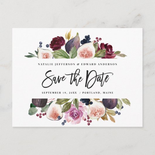Rosa, Bordeaux + Feigenblumen Save the Date Senf Postkarte (Vorderseite)