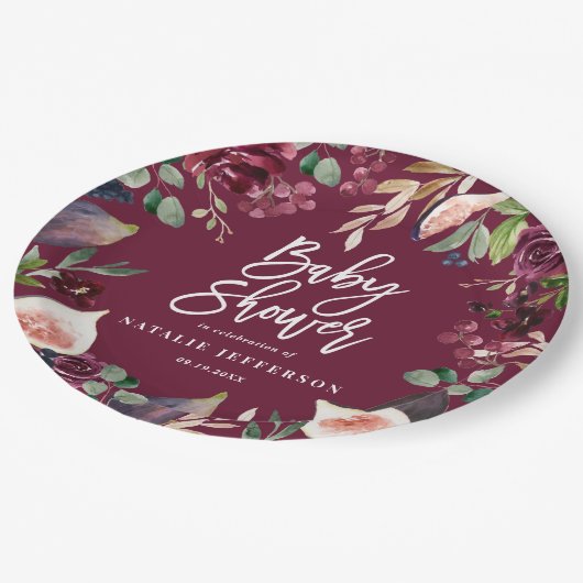 Rosa, Bordeaux, + Feigenfarbenfloral und Skript Pappteller (Schrägansicht)