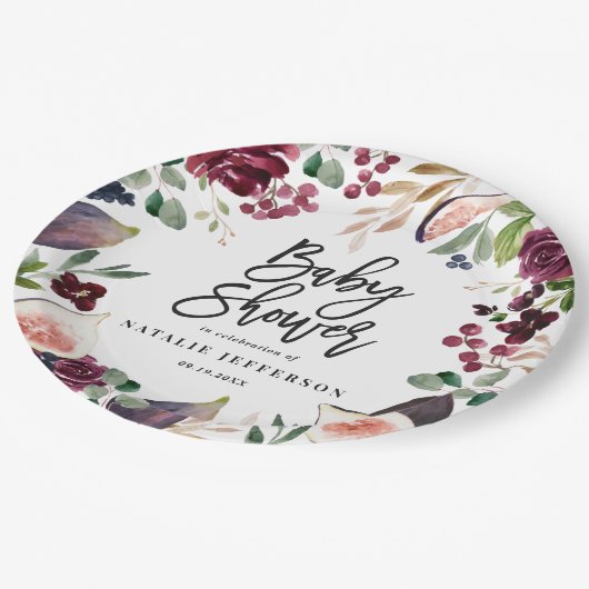 Rosa, Bordeaux, + Feigenfarbenfloral und Skript Pappteller (Schrägansicht)