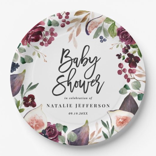 Rosa, Bordeaux, + Feigenfarbenfloral und Skript Pappteller (Vorderseite)