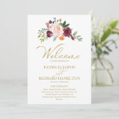 Rosa Bordeaux Florales Gold Hochzeitsprogramm Programm (Stehend Vorderseite)