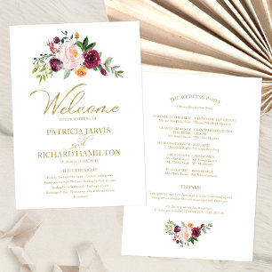 Rosa Bordeaux Florales Gold Hochzeitsprogramm Programm