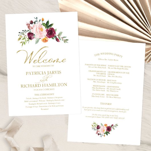 Rosa Bordeaux Florales Gold Hochzeitsprogramm Programm