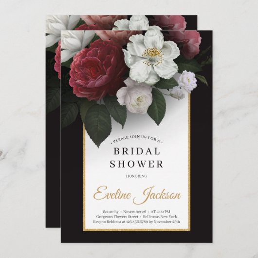 Rosa-Bordeaux-Rosa-Blüten und weiße Blumen Einladung (Vorne/Hinten)