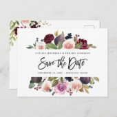 Rosa, Bordeaux und Feigenblumen Save the Date Postkarte (Vorne/Hinten)