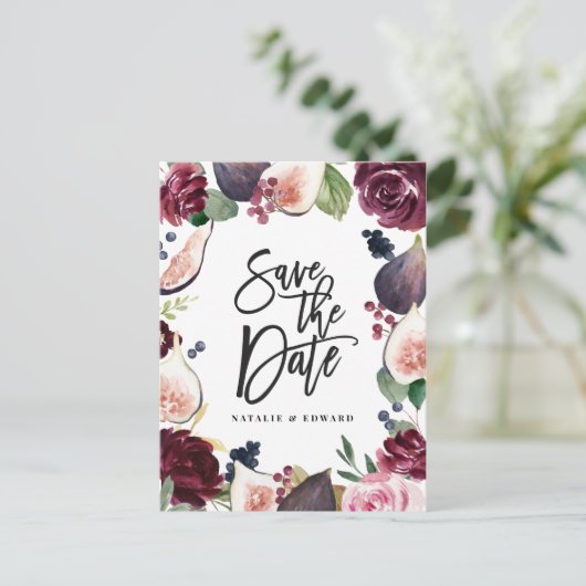 Rosa, Bordeaux und Feigenblumen Save the Date Postkarte (Stehend Vorderseite)