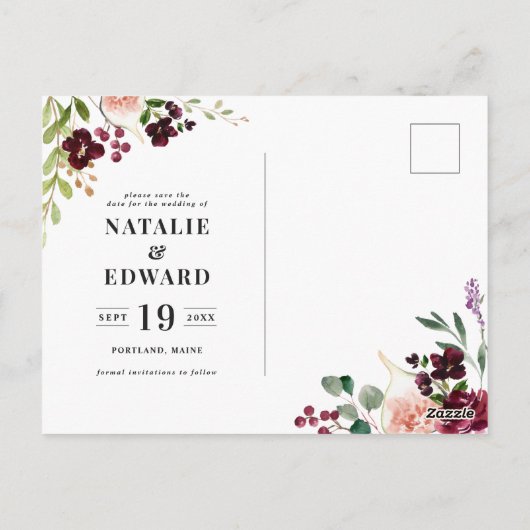 Rosa, Bordeaux und Feigenblumen Save the Date Postkarte (Rückseite)