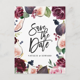Rosa, Bordeaux und Feigenblumen Save the Date Postkarte
