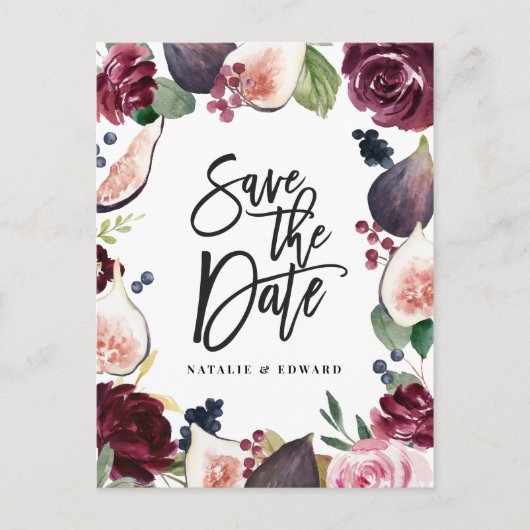 Rosa, Bordeaux und Feigenblumen Save the Date Postkarte (Vorderseite)