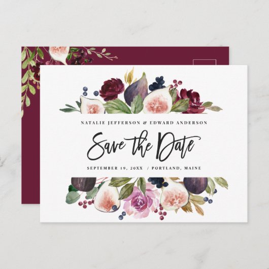 Rosa, Bordeaux und Feigenblumen Save the Date Postkarte (Vorne/Hinten)