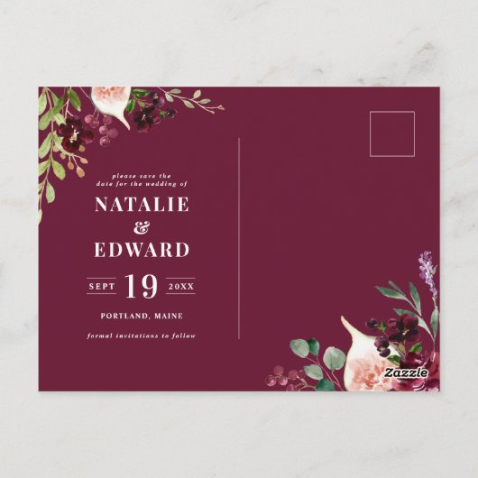 Rosa, Bordeaux und Feigenblumen Save the Date Postkarte (Rückseite)