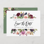 Rosa, Bordeaux und Feigenblumengrün Save the Date Postkarte (Vorne/Hinten)