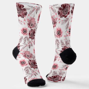 Rosa, bordeauxfarbene Blume auf weißem Hintergrund Socken