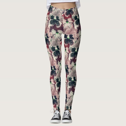 Rosa, bordeauxfarbene Blume Leggings (Vorderseite)