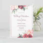 Rosa bordeauxrote Hochzeit mit botanischem Blumen Einladung (Stehend Vorderseite)