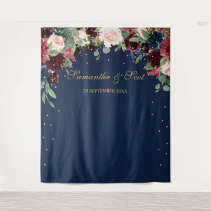 Rosa-bordeauxrote und navyblaue Blumen-Boho-Hochze Wandteppich