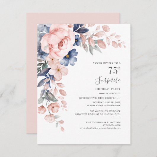Rosa Botanische 75. Geburtstag Blumenblüte Einladung (Vorne/Hinten)