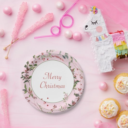 Rosa Botanische Berries und Blätter Weihnachten Pappteller (Party)