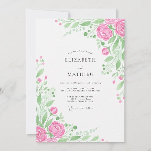 Rosa botanische florale Hochzeit Einladung (Vorderseite)