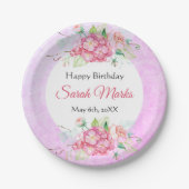 Rosa Botanische Geburtstagspopolette Pappteller (Vorderseite)
